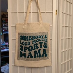 Beige Tote Bag with Teal and Silver Print